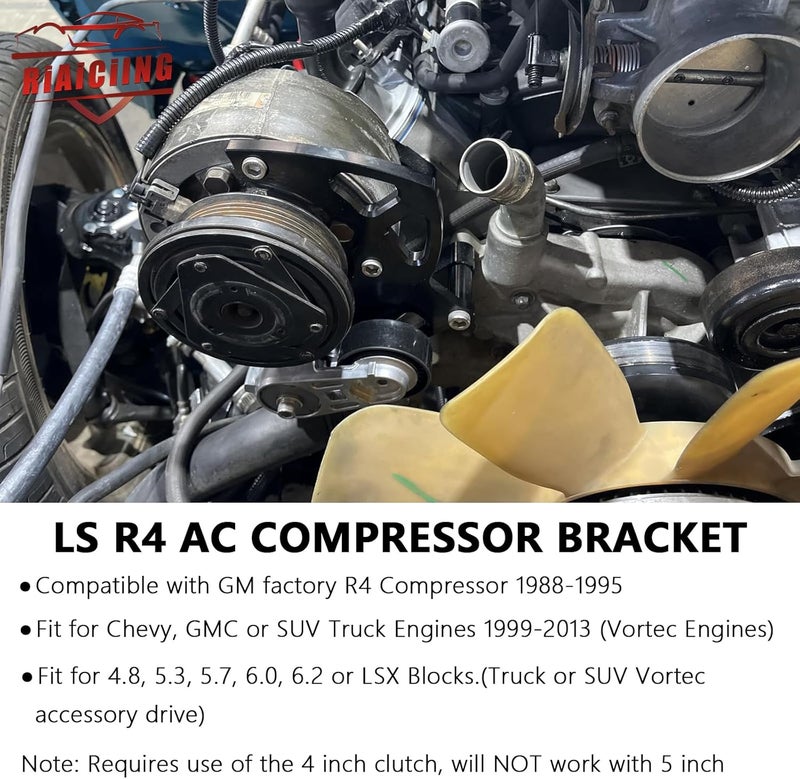 RiAiCiING LS Swap R4 AC Compressor Bracket High Mount kit with Belt Tensioner for Chevrolet GMC SUV Truck Vortec Engines LSX LS2 LS3 LS6 Air Conditioner Passenger Side - Image 2